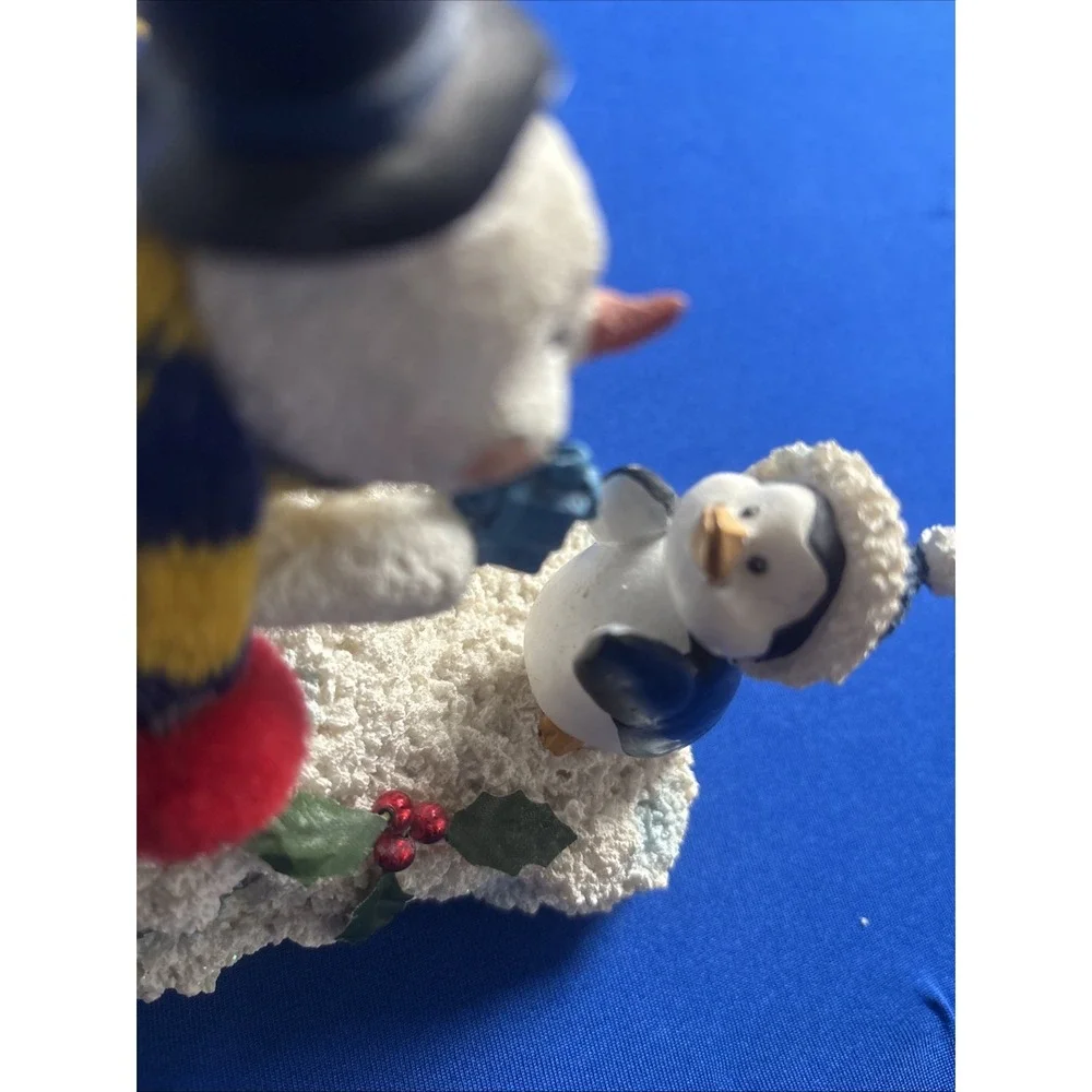 Snowman With Penguin Figurine Musical Box Works Wish You A Merry X-mas 6.5